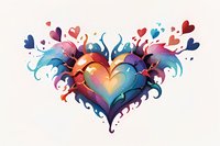 Vibrant abstract heart illustration with colorful liquid splash effect and floating small hearts, perfect for Valentine's Day cards, romantic designs, and love-themed projects.