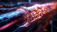 Glowing fiber optic cable transmitting digital data with light particles and energy streams in motion, modern technology network communication concept in dark space.