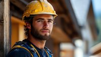 Young bearded construction worker in yellow hard hat at building site. Professional contractor portrait for safety training materials and industrial projects.