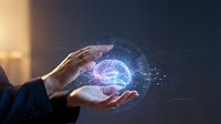 Businessman hands protecting glowing digital brain with neural network connections representing artificial intelligence and machine learning technology.