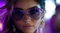 Young Asian woman wearing aviator sunglasses with purple lens reflection in neon lighting, fashion portrait with crystal earrings and glamorous makeup look.
