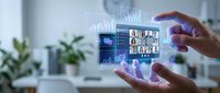 Hands holding holographic digital interface with data analytics charts, graphs, and video conference grid in modern office workspace with plants.