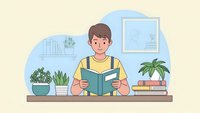 Young man reading book at home desk with plants and educational materials in cozy study room environment for learning and personal development.