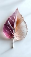 Delicate leaf skeleton with gradient color transition from deep purple to soft peach on white background, showing intricate vein patterns and natural texture.