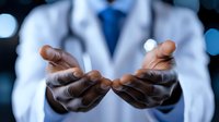 African American medical professional in white coat holding medicine pills in outstretched hands against blurred blue background, healthcare concept.