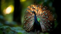 Majestic peacock displaying vibrant tail feathers with iridescent blue and green plumage in natural outdoor setting for wildlife photography projects.