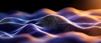 Abstract digital waves with flowing lines in purple and orange gradient creating dynamic topographic landscape on dark background.