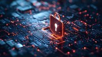 Digital padlock on circuit board with glowing red elements symbolizing cybersecurity, data protection, and information privacy in technology environment.