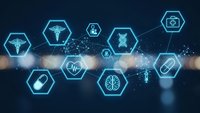 Digital healthcare network with glowing medical icons in hexagonal frames connected by data streams on dark background for telemedicine applications.