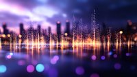 Glowing city skyline reflection on water with vibrant purple and orange lights, bokeh effects creating magical urban nightscape atmosphere for background design.