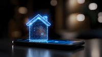 Glowing blue holographic house projection emerging from smartphone screen on dark background with bokeh lights, futuristic smart home technology concept.