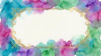 Watercolor frame with vibrant rainbow ink washes and ornate gold borders on cream background, isolated for invitations, cards, posters, and design projects.