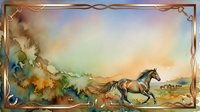 Galloping horse running through rural landscape at sunset with watercolor style border frame and decorative elements for western themed designs.