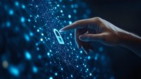 Hand reaching to touch glowing padlock symbol amid blue digital particles, representing cybersecurity and data protection in modern technology networks.