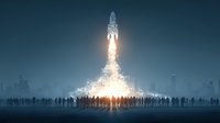 Futuristic rocket launch with bright flames and smoke as crowd of silhouetted people watch from distance against blue sky backdrop for space exploration concepts.