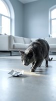 Gray tabby cat stalking crumpled foil ball on polished floor in bright modern living room with white sofa and arched windows, playful pet behavior and indoor entertainment.