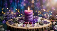 Purple candle burning on wooden slice with lavender flowers, crystals and fairy lights creating magical spa atmosphere for relaxation and meditation.