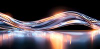Glowing light waves with orange and blue streaks flowing over reflective surface against dark background create dynamic abstract motion effect.