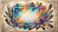 Watercolor feather frame with colorful abstract background, bohemian border design for invitations, greeting cards, and artistic projects.