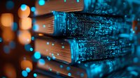 Glowing fiber optic cables with blue light streams against dark background, digital network infrastructure concept showing data transmission and connectivity.