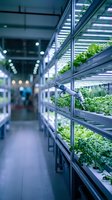 Robotic arm tending vertical hydroponic garden with LED grow lights in modern indoor farming facility, showcasing automated agriculture technology for sustainable food production.