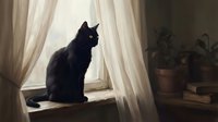 Black cat sitting on windowsill by sheer curtains with potted plants, looking out window in natural light, domestic pet scene.