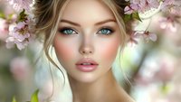 Young woman with blue eyes and natural makeup among blooming cherry blossoms, soft pink petals and bokeh background create romantic spring atmosphere.