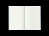 Open hardcover notebook with blank white pages and navy blue cover, isolated on transparent background. Ready for sticker, clipart, and print on demand use.