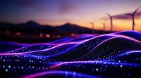 Glowing purple waves of light with sparkles against mountain silhouettes and wind turbines at sunset, creating futuristic digital landscape visualization.