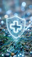 Digital healthcare security shield with medical cross symbol emerging from circuit board representing cybersecurity protection in telemedicine technology.