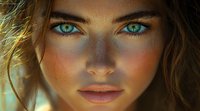Close up portrait of young woman with striking turquoise eyes and sun-kissed skin, natural makeup and tousled hair glowing in warm backlight.