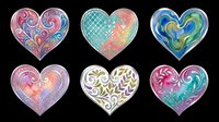 Six colorful ornamental hearts with floral and swirl patterns, isolated on transparent background, ready for stickers, t-shirt design, sublimation, and print on demand.