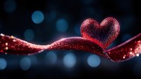 Glittering red heart shape with sparkly ribbon wave against dark bokeh background creates romantic Valentine's Day or love concept atmosphere.
