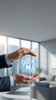 Businessman hands protecting digital security lock icons in modern office environment representing cybersecurity and data protection services.