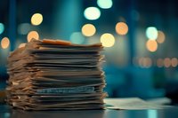 Stack of documents and paperwork on desk with blurred city lights bokeh in background, representing late night office work.