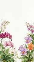 Watercolor orchid border with pink, purple, and orange blooms framing white copy space, for cards, invitations, and floral design projects.