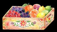 Wooden crate filled with fresh berries, citrus fruits and tropical produce. Isolated on transparent background, ready for t-shirt designs, clipart, stickers, print-on-demand and sublimation projects.