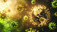 Glowing virus particles surrounding illuminated Earth globe against dark background with green and gold bokeh effects, depicting global pandemic spread.