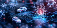 Coronavirus cell on digital circuit board with ambulance cars, representing healthcare technology and pandemic response in modern medicine.