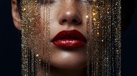 Close up of sensual red lips with gold glitter makeup and shimmering sparkles falling, creating luxurious beauty fashion portrait on dark background.