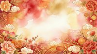 Watercolor floral frame with peonies, roses, and decorative clouds in warm gold, coral, and pink tones. Ornamental Asian-inspired design with lanterns and botanical elements. Central white space ideal for text, invitations, greeting cards, and festive celebrations.