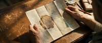 Traveler holding aged folded map on vintage wooden table with warm sunlight, planning journey or adventure route.