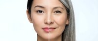 Asian woman face showing aging process from young to mature with wrinkles and gray hair transformation on white background for skincare and beauty concepts.