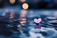 Pink heart floating on calm water surface with warm bokeh lights reflecting in evening twilight creating romantic atmosphere for love concepts.