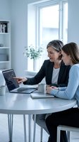 Professional businesswoman mentoring young female colleague at laptop in modern office workspace for career development and teamwork collaboration.