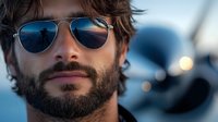 Bearded man wearing aviator sunglasses with reflection at sunset, close up portrait against blurred aircraft background. Modern lifestyle and travel concept.