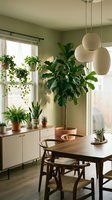 Modern dining room interior with large fiddle leaf fig plant, wooden table, pendant lights and green plants on windowsill creating cozy botanical home decor.