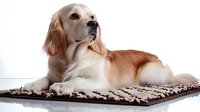 Cream-colored mixed breed dog lying on brown patterned rug against white background, displaying calm and relaxed pose suitable for pet care and animal companionship themes.