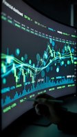 Financial market data displayed on curved monitor screen showing stock charts, trading graphs and market indices for investment analysis and trading decisions.