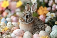 Adorable bunny rabbit surrounded by pastel Easter eggs and spring flowers, creating festive holiday atmosphere with soft bokeh background and natural lighting.